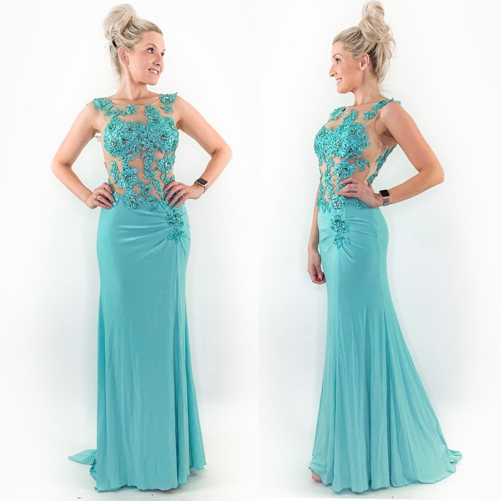Fitted Illusion Blue Lace Prom Pageant Dress - Picture 3 of 8